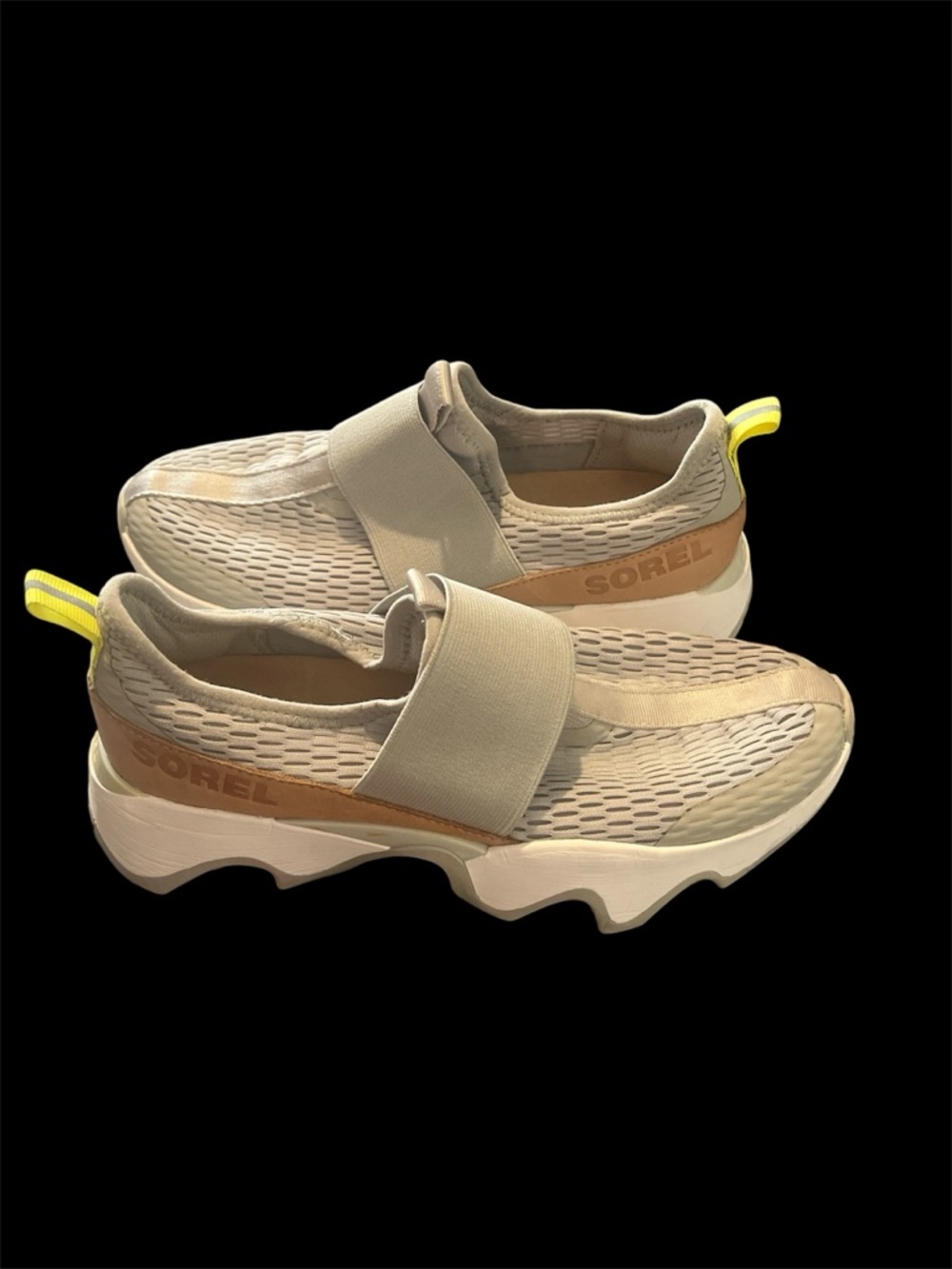 Sorel Beige Mesh Slip-On Sneakers with Yellow Heel Tab